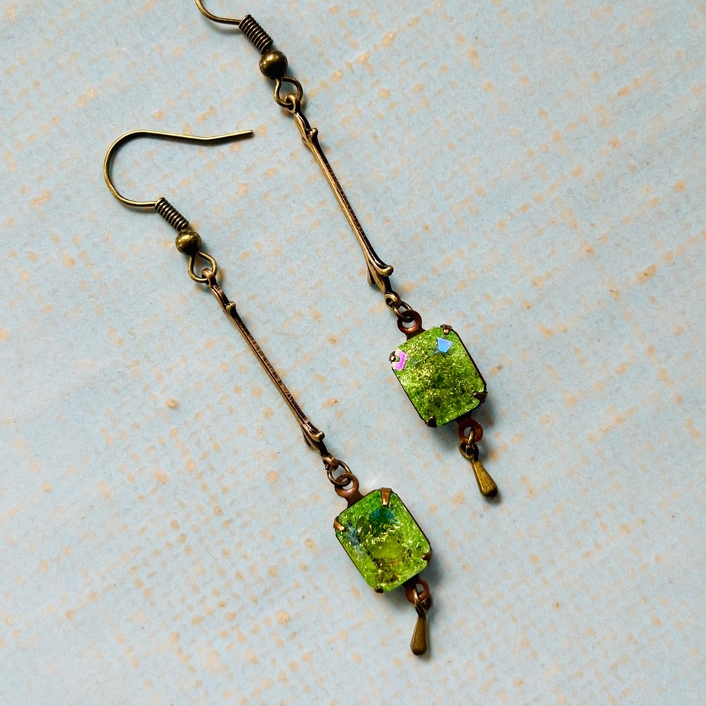 SOLD Peridot Green Crackle Glass Art Nouveau Earrings w a Glacier Blue Finish - Picture 11 of 15